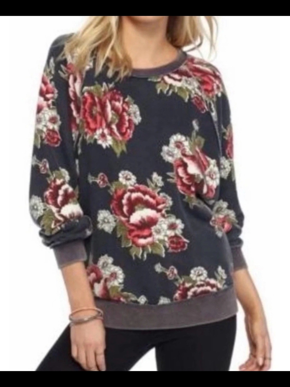 Free People "Go On Get" Floral Sweatshirt Sz.S Black Red Boho Oversized Pullover